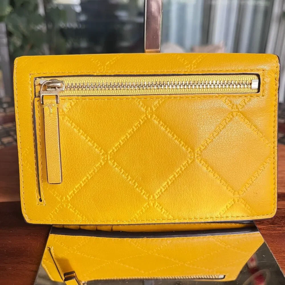 Tory Burch Quilted Wallet Mustard Yellow Gold Hardware EUC